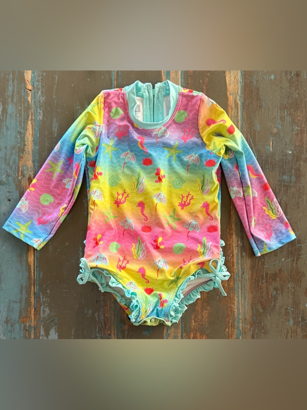 Lil Cactus Turquoise Turtle Ruffle Swimsuit 2T